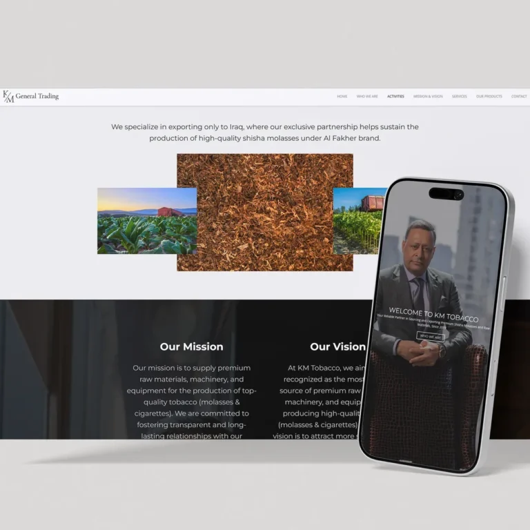 Website hero for KM General Trading showing a collage of agricultural images (crops, soil, vineyard) with a tilted smartphone mockup on the right and a pale header/navigation area above.