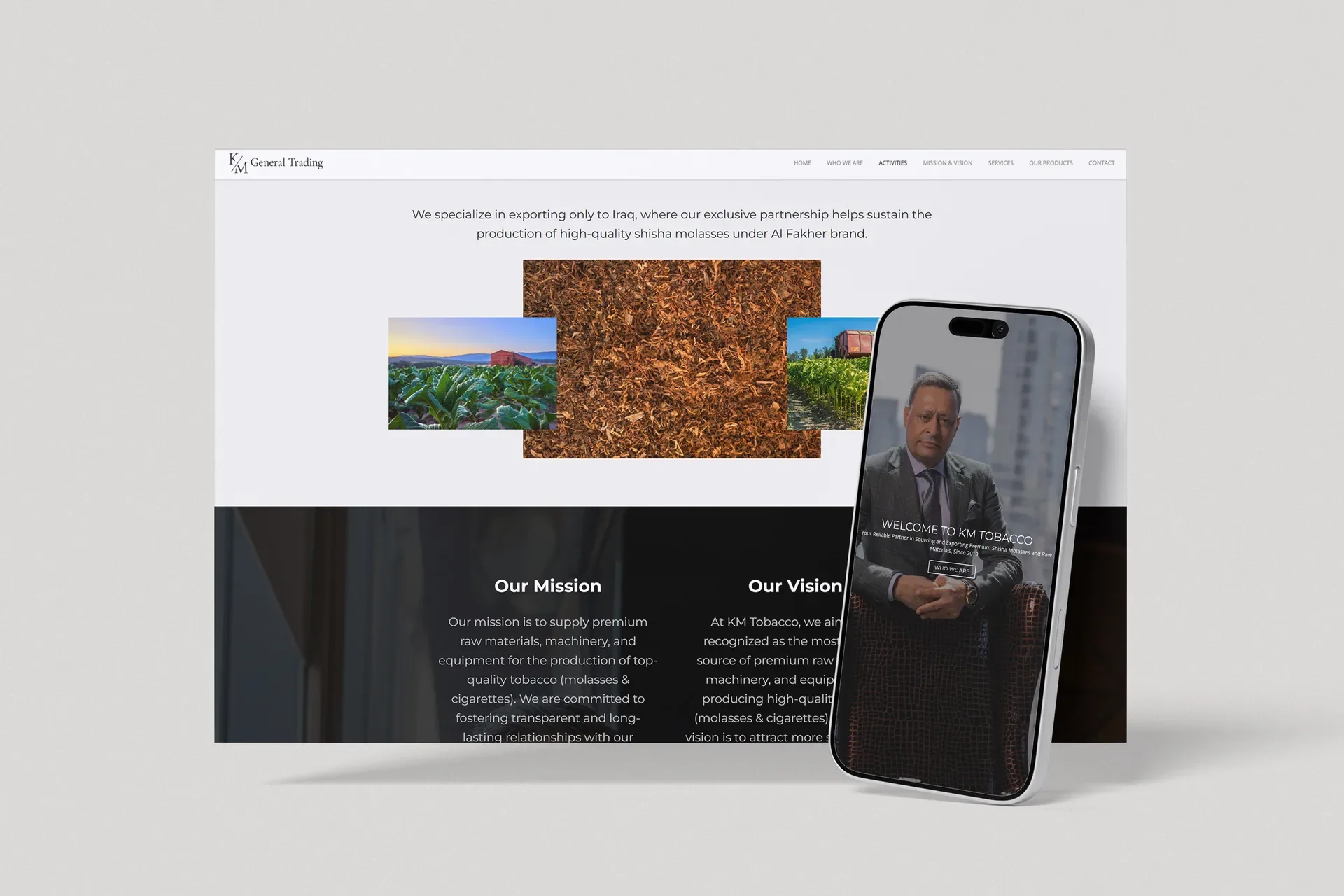 Website hero for KM General Trading showing a collage of agricultural images (crops, soil, vineyard) with a tilted smartphone mockup on the right and a pale header/navigation area above.