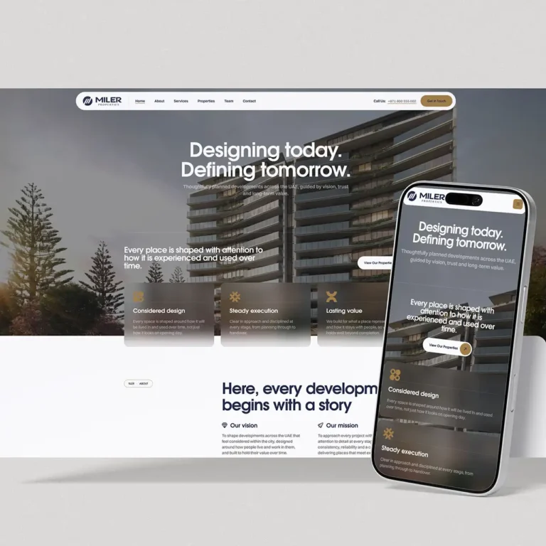 Miler Properties corporate real estate website on a desktop screen and smartphone, showing the navy and bronze homepage with the headline Designing today. Defining tomorrow.