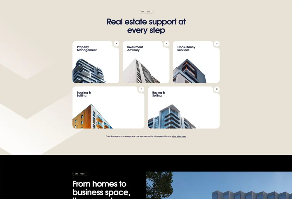 Services section of the Miler Properties website with cards for Property Management, Investment Advisory, Consultancy Services, Leasing and Letting, and Buying and Selling.