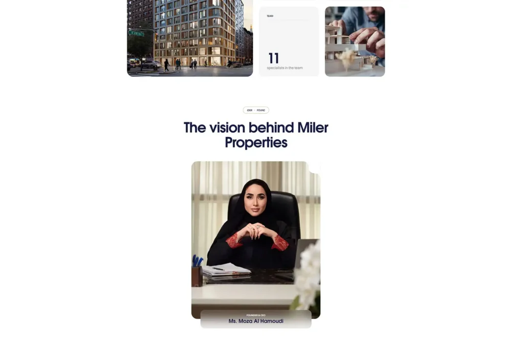Founder section of the Miler Properties website featuring a portrait of Founder and CEO Ms. Moza Al Hamoudi at her desk, below an 11-specialist team stat.