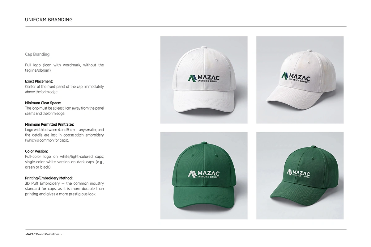White and green caps embroidered with the Mazac Energies logo, from the brand guidelines.
