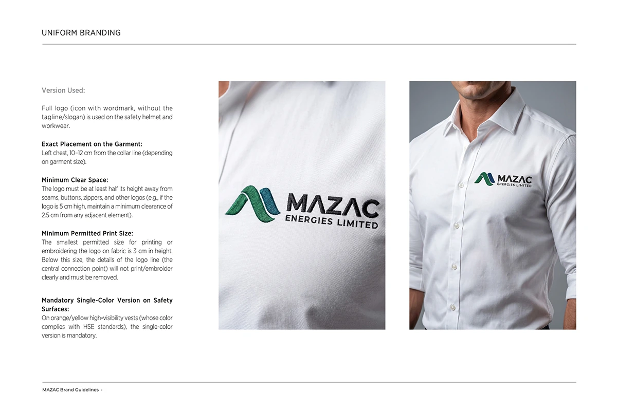 White work shirt with the Mazac Energies logo embroidered on the left chest, showing uniform branding rules.