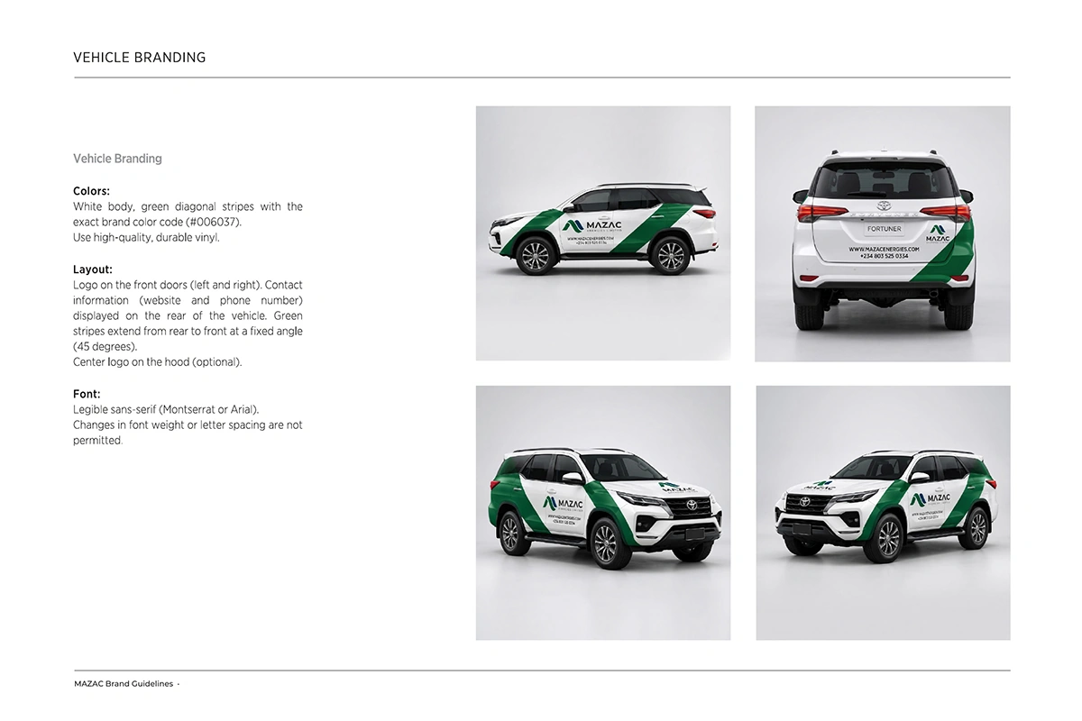 Mazac Energies vehicle branding on white SUVs with green graphics and the company logo.