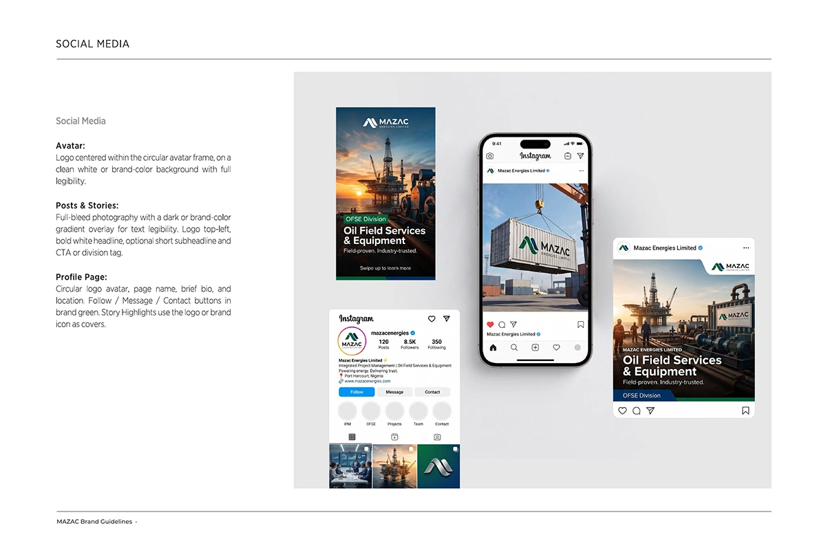 Mazac Energies social media designs, including an Instagram profile, stories and oil field services posts.