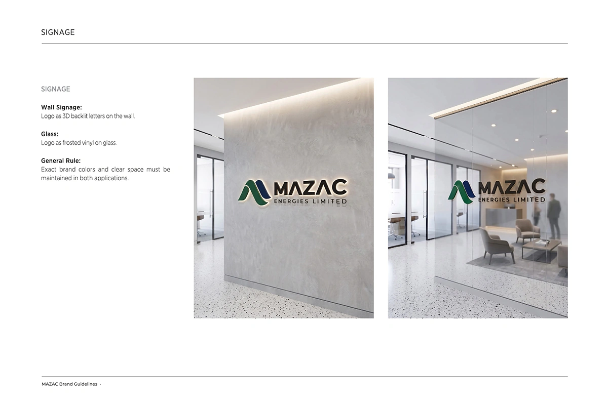 Signage guidelines page with two interior renderings of the MAZAC Energies Limited logo on wall and glass façade in an office lobby.