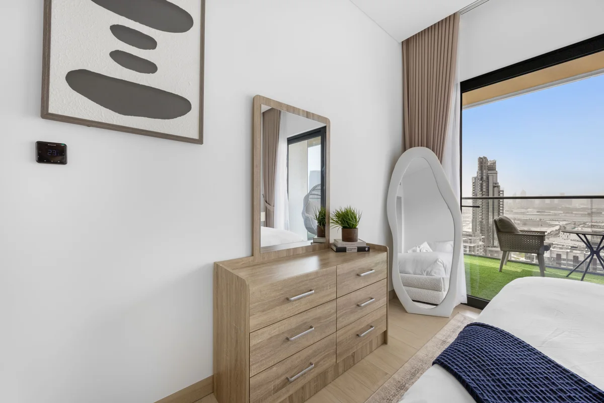 King bedroom of a 3-bedroom Airbnb at Crest Grande, Sobha Hartland, daylight