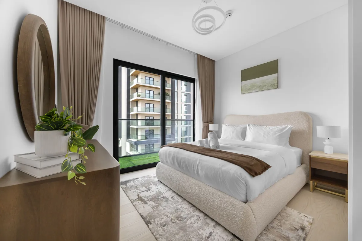 Queen bedroom with dresser and Downtown view, Airbnb at Crest Grande, Sobha Hartland, daylight