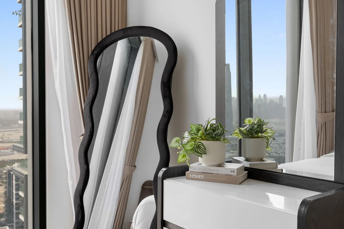 Third bedroom with queen bed and wardrobe, Airbnb at Crest Grande, Sobha Hartland, daylight