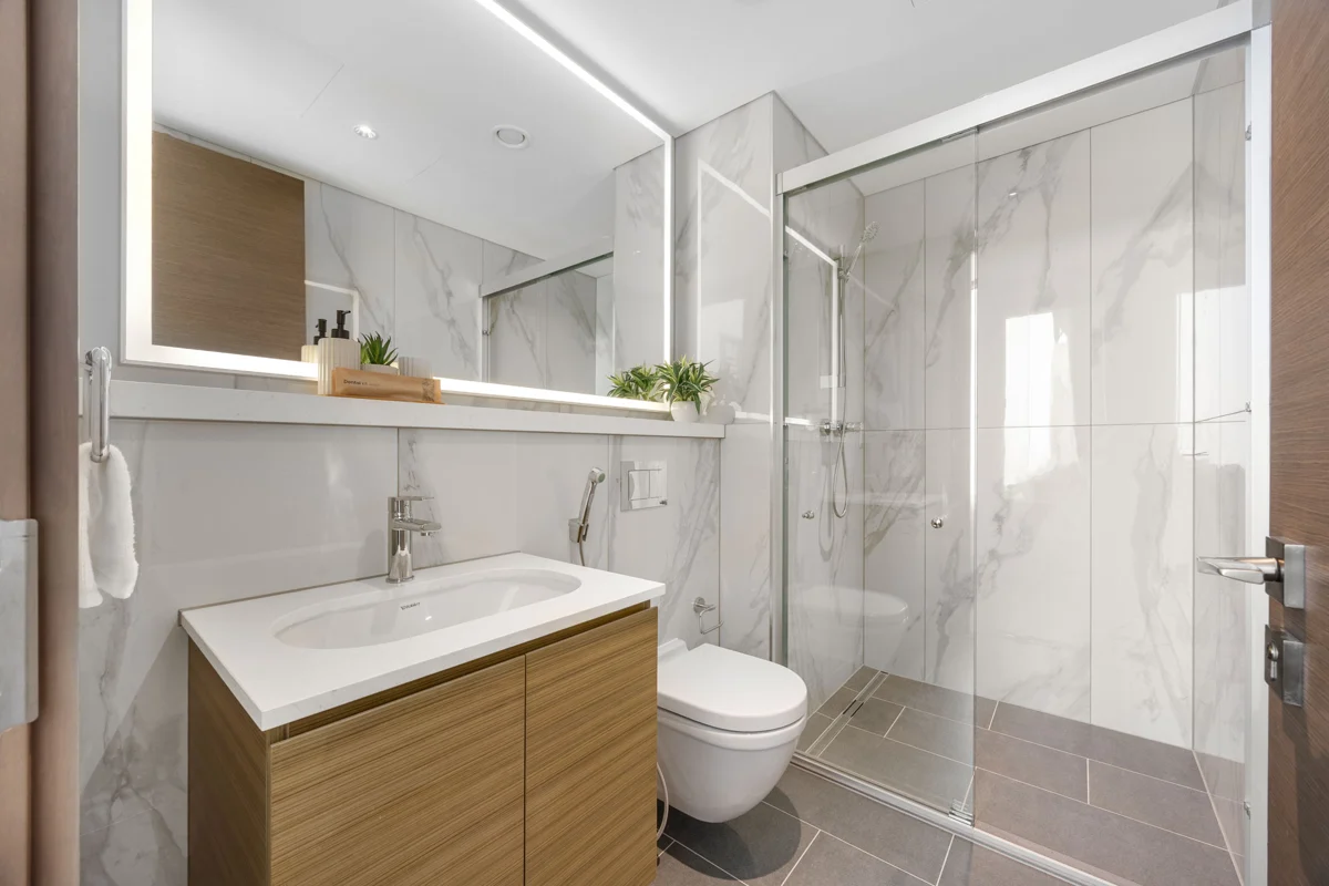 Bathroom vanity and shower, Airbnb 3-bedroom at Crest Grande, Sobha Hartland