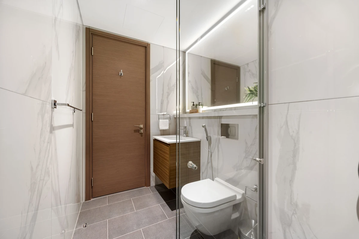 Bathroom vanity and shower, Airbnb 3-bedroom at Crest Grande, Sobha Hartland