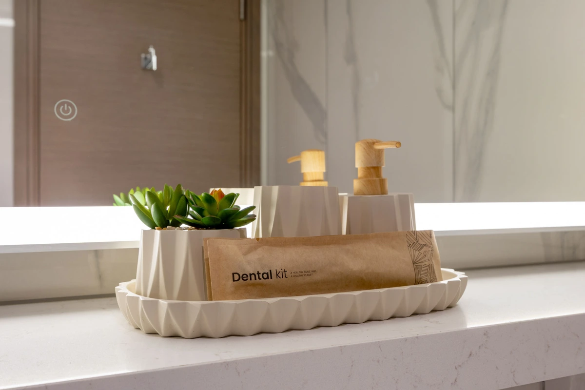 Guest bathroom and amenity kit, Airbnb photography at Crest Grande, Sobha Hartland, Dubai
