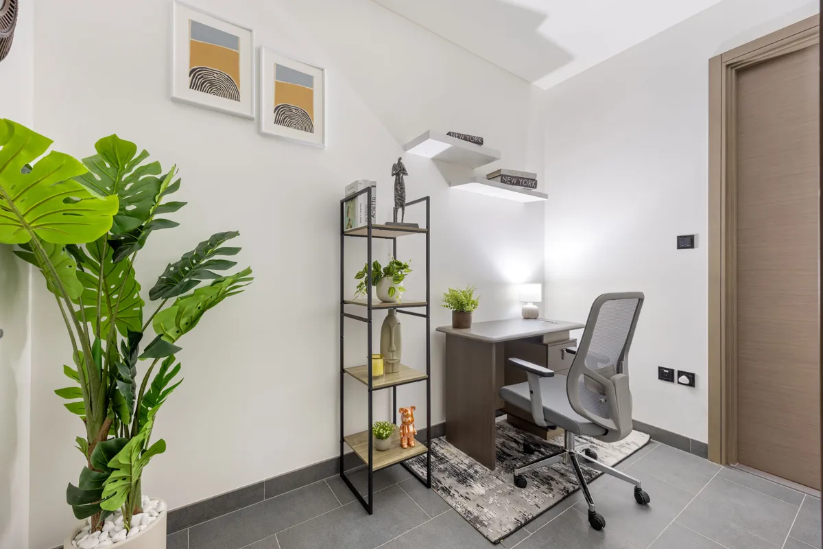 Home office at night, Airbnb apartment at Crest Grande, Sobha Hartland