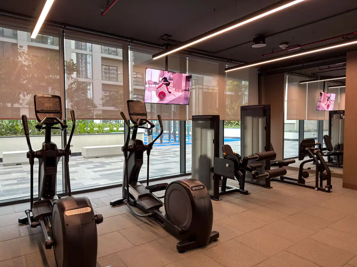 Indoor gym amenity at Crest Grande, Sobha Hartland, photographed for an Airbnb listing