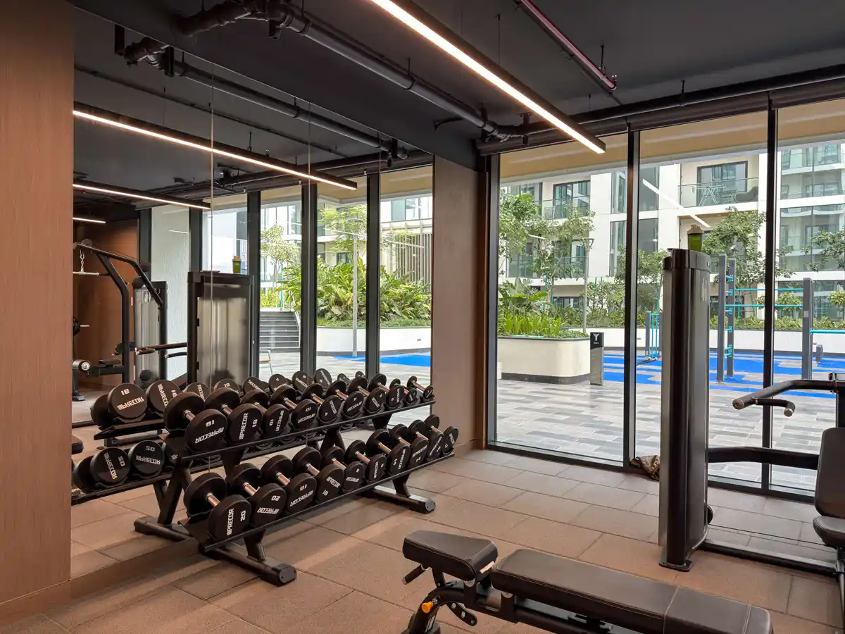 Indoor gym amenity at Crest Grande, Sobha Hartland, photographed for an Airbnb listing