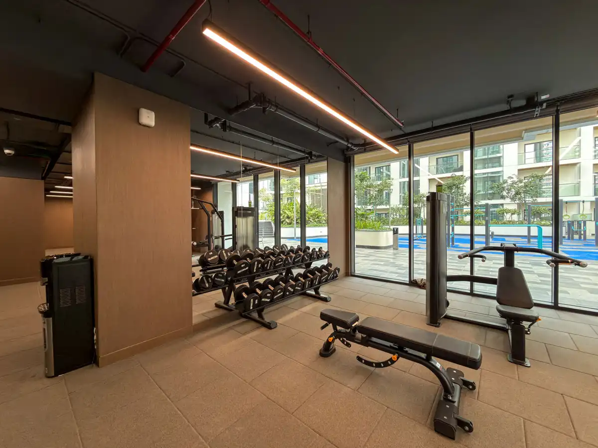 Indoor gym amenity at Crest Grande, Sobha Hartland, photographed for an Airbnb listing