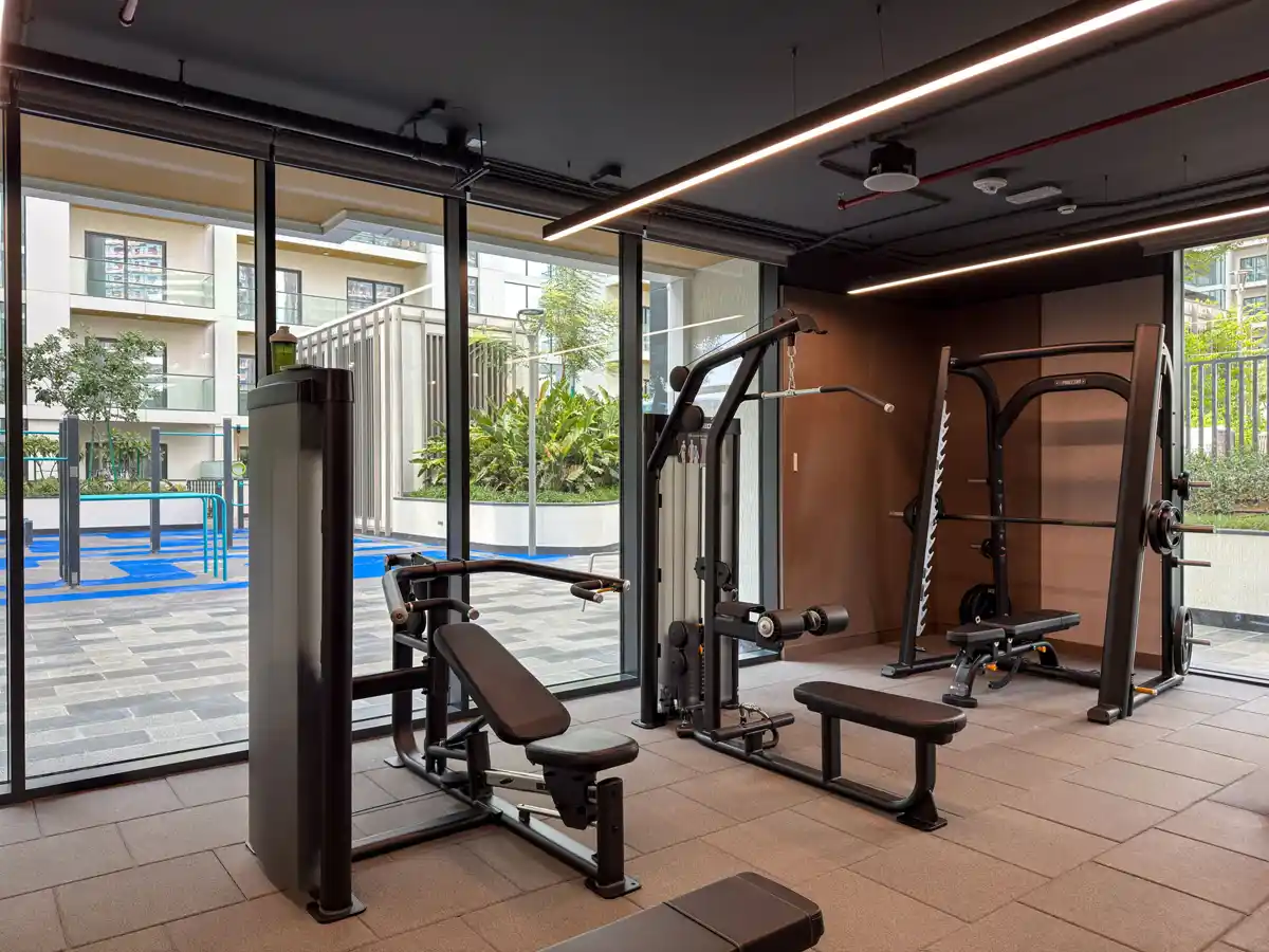 Indoor gym amenity at Crest Grande, Sobha Hartland, photographed for an Airbnb listing