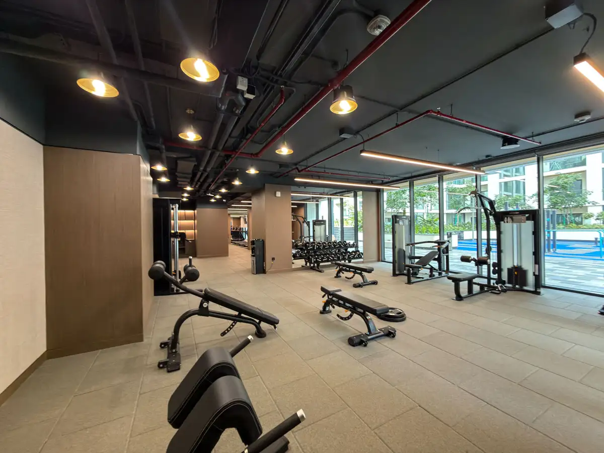 Indoor gym amenity at Crest Grande, Sobha Hartland, photographed for an Airbnb listing