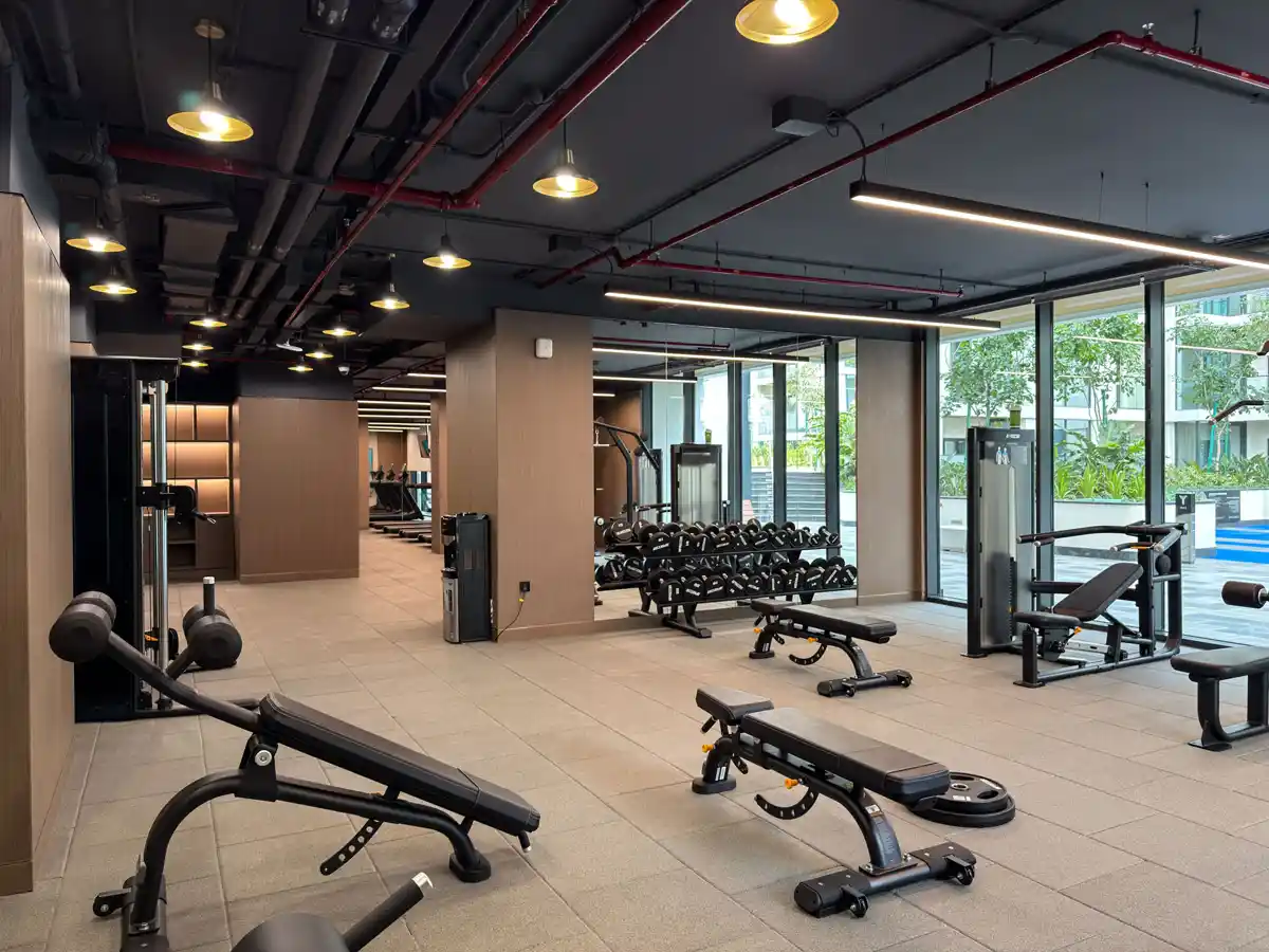 Indoor gym amenity at Crest Grande, Sobha Hartland, photographed for an Airbnb listing