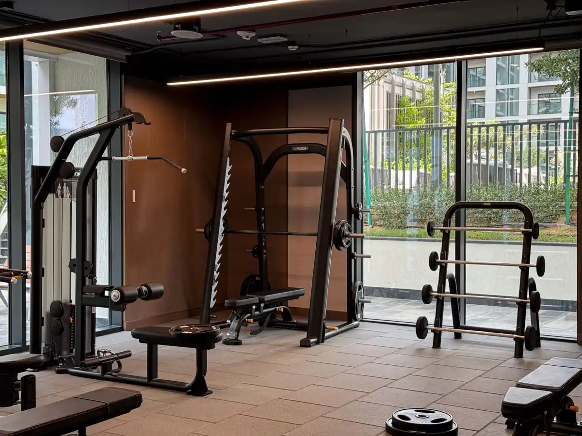 Indoor gym amenity at Crest Grande, Sobha Hartland, photographed for an Airbnb listing