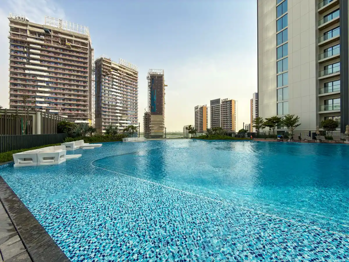 Infinity pool at Crest Grande, Sobha Hartland, amenity photo for an Airbnb listing