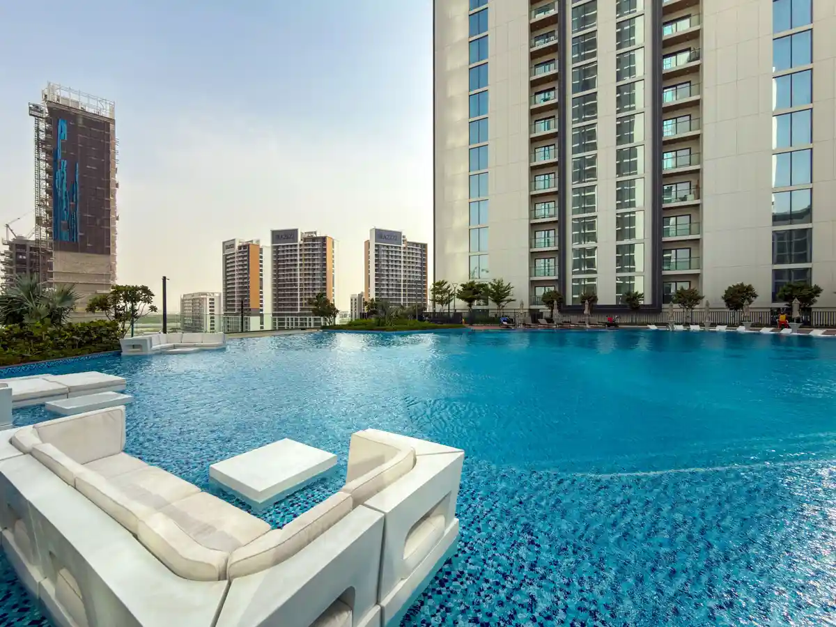 Infinity pool at Crest Grande, Sobha Hartland, amenity photo for an Airbnb listing