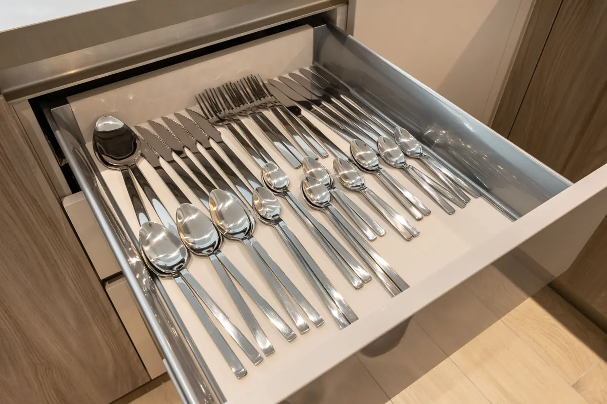 Kitchen detail photo for Airbnb listing: cupboards, dishwasher and cutlery, Crest Grande, Sobha Hartland