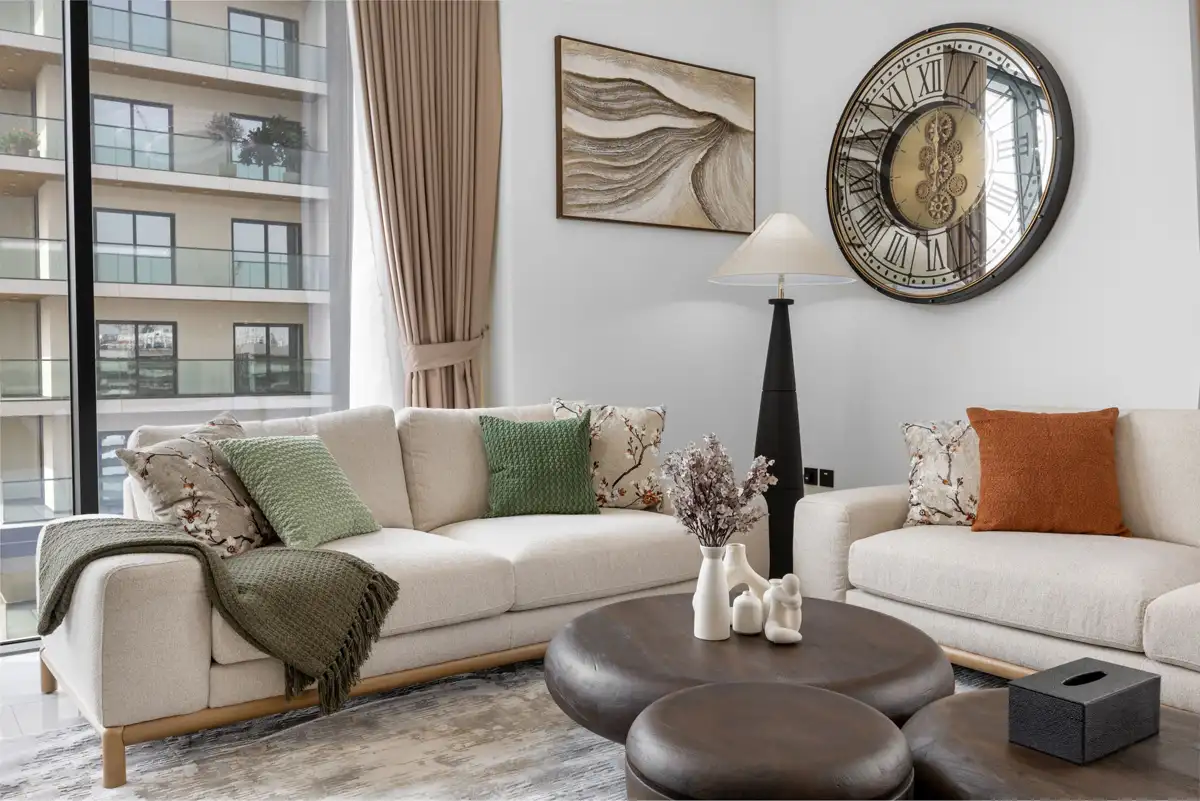 Living room sofa and decor detail, Airbnb at Crest Grande, Sobha Hartland