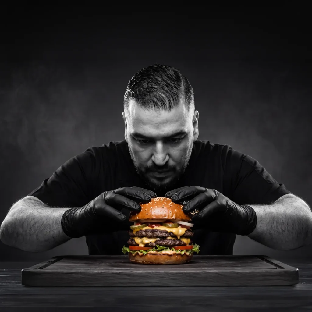 Chef Abdul Rahman Mustapha in black gloves pressing a double cheeseburger on a wooden board, a black and white image with the burger in colour, created by MRPS with AI.