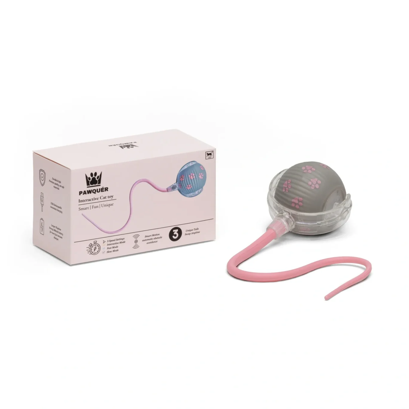 Interactive cat toy with its retail box and pink silicone tail. Amazon product photography on a pure white background by MRPS in Dubai.