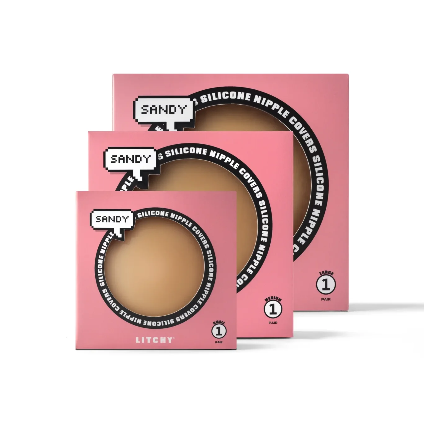 LITCHY silicone nipple covers in three box sizes, shade Sandy, stacked on white. Premium e-commerce product photography for LITCHY by MRPS in Dubai.