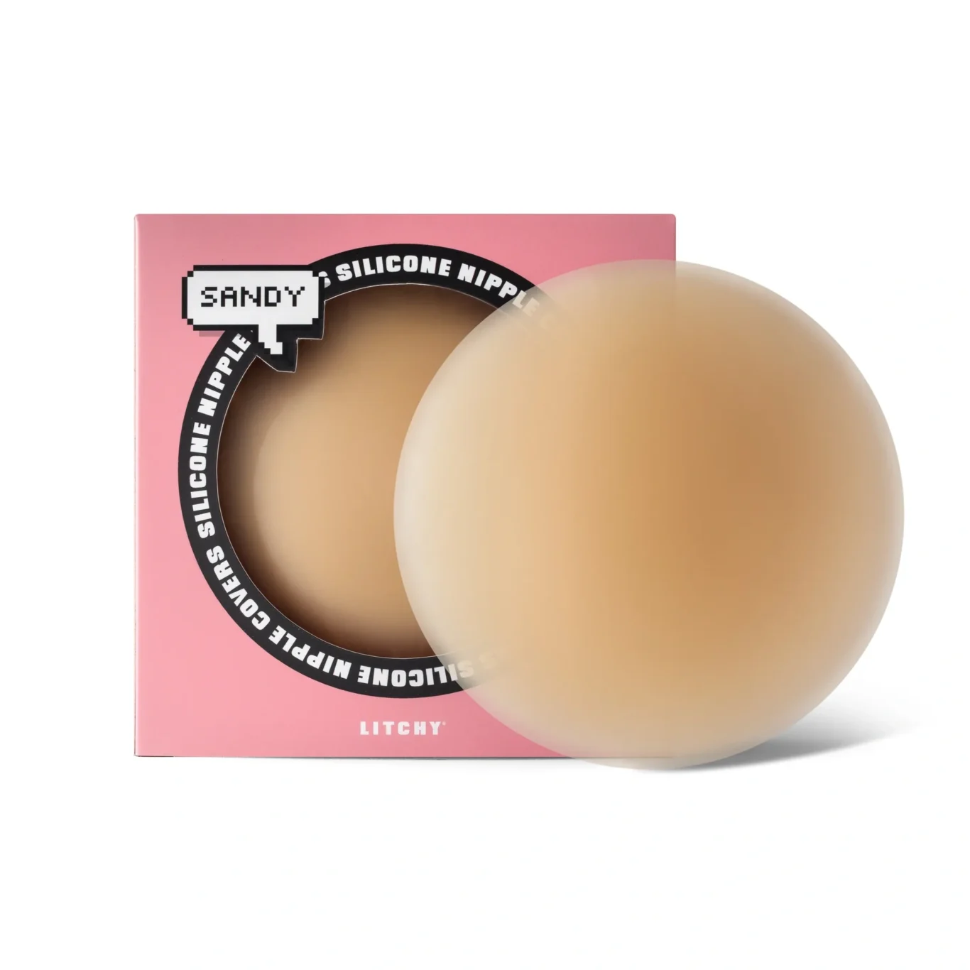 Large LITCHY silicone nipple cover in shade Sandy in front of its pink box. Premium e-commerce product photography for LITCHY by MRPS in Dubai.