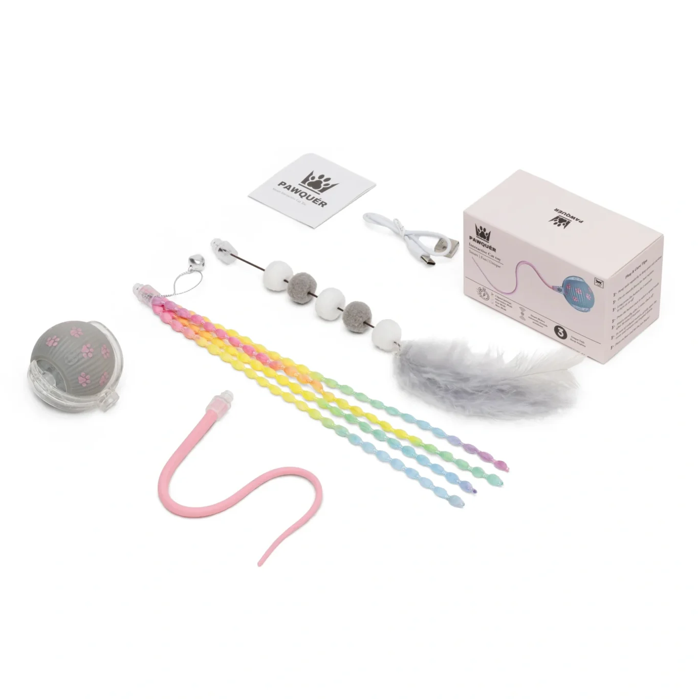 What is in the box: the smart ball, three interchangeable tails, USB cable, card and packaging. Amazon product photography on a pure white background by MRPS in Dubai.