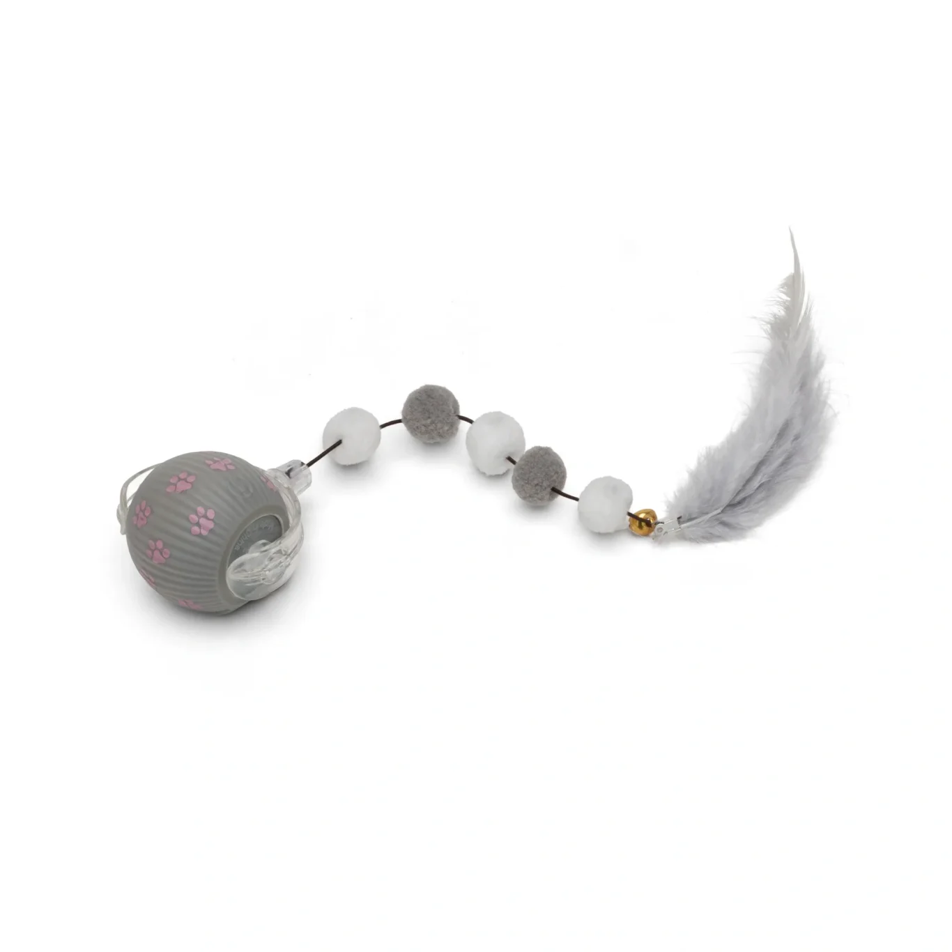 Smart cat toy ball fitted with the feather and pompom tail attachment. Amazon product photography on a pure white background by MRPS in Dubai.