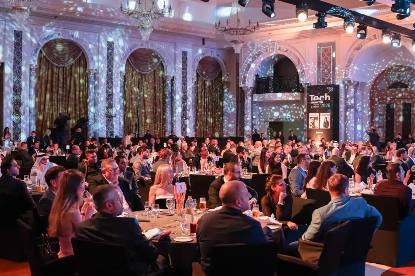 Wide view of the gala dinner in the Al Habtoor Palace ballroom. Event photography by MRPS for FundedNext at the Tech Innovation Awards 2026, Al Habtoor Palace, Dubai.