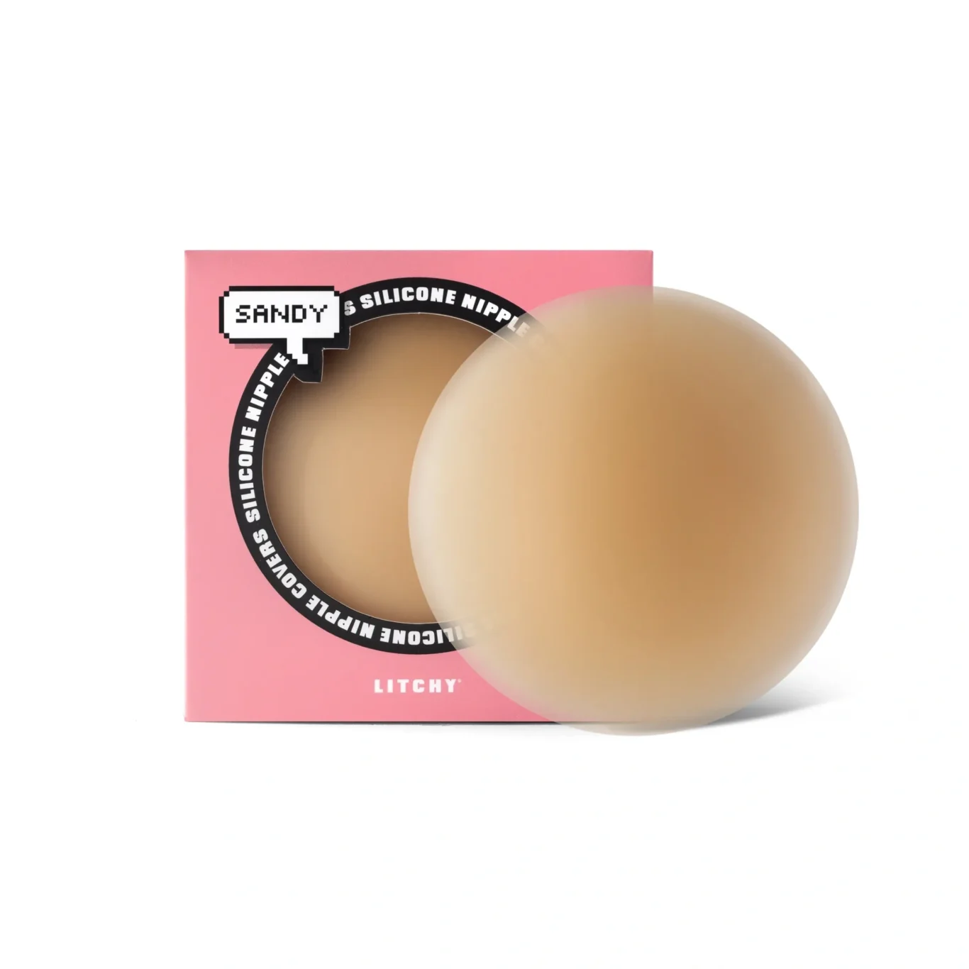 Medium LITCHY silicone nipple cover with its retail box. Premium e-commerce product photography for LITCHY by MRPS in Dubai.