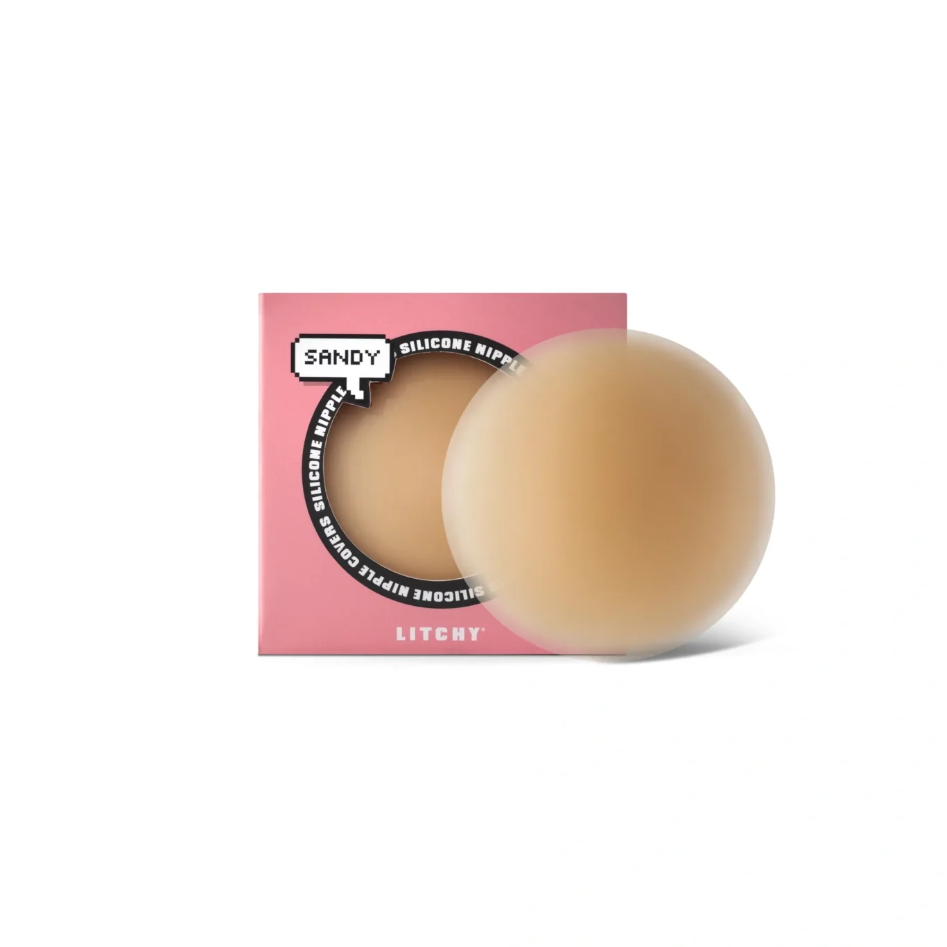 Small LITCHY silicone nipple cover with its retail box. Premium e-commerce product photography for LITCHY by MRPS in Dubai.