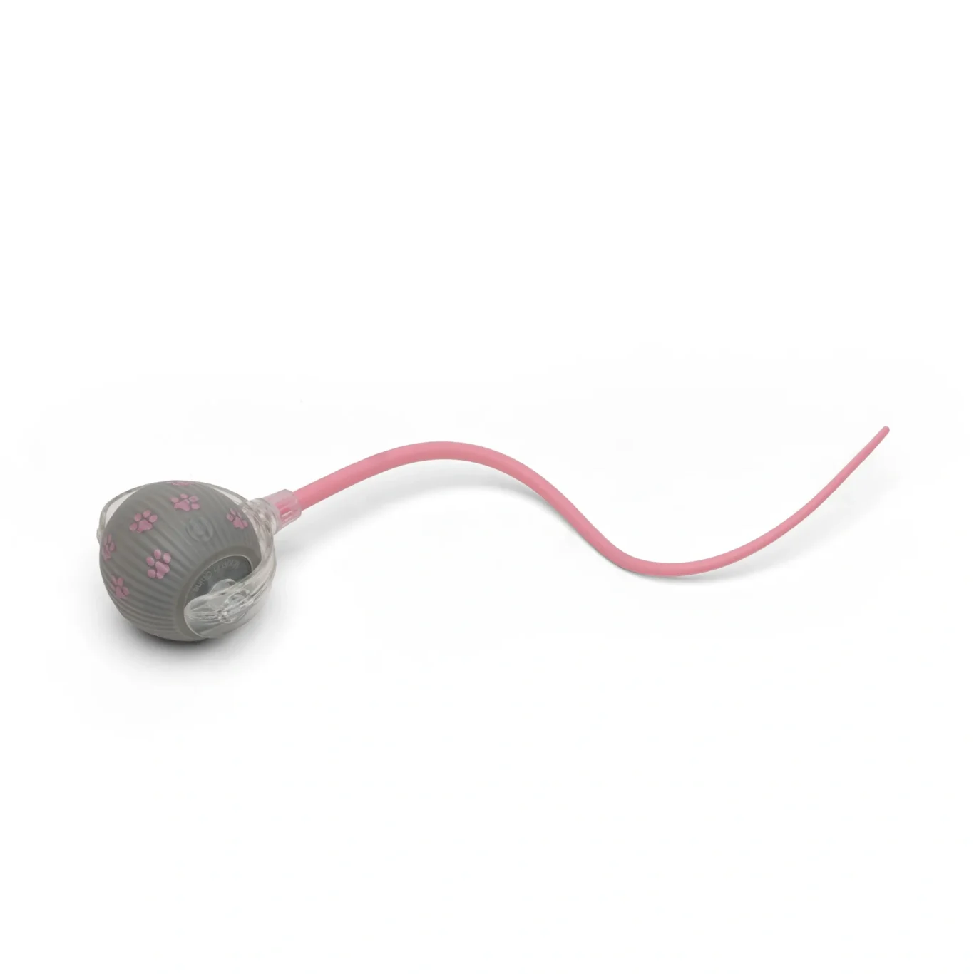 Smart cat toy ball with the pink silicone tail attachment. Amazon product photography on a pure white background by MRPS in Dubai.