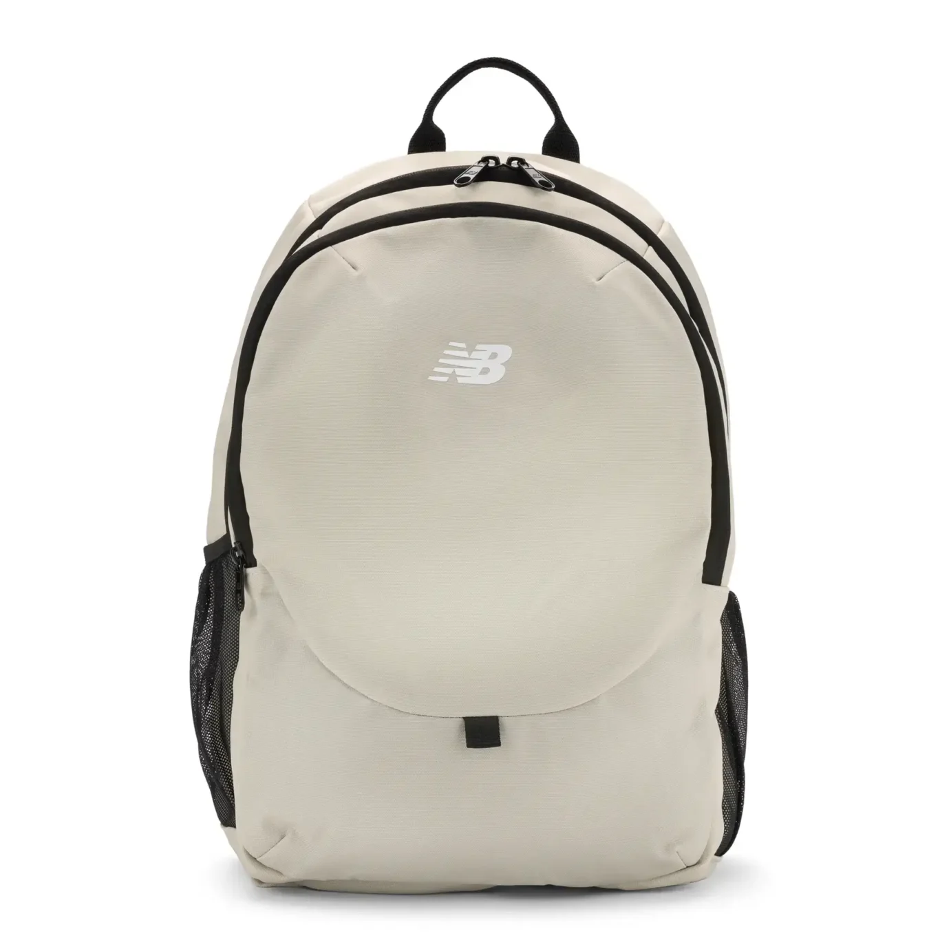 Beige New Balance backpack with black trims, front view on white. E-commerce product photography for New Balance by MRPS in Dubai.