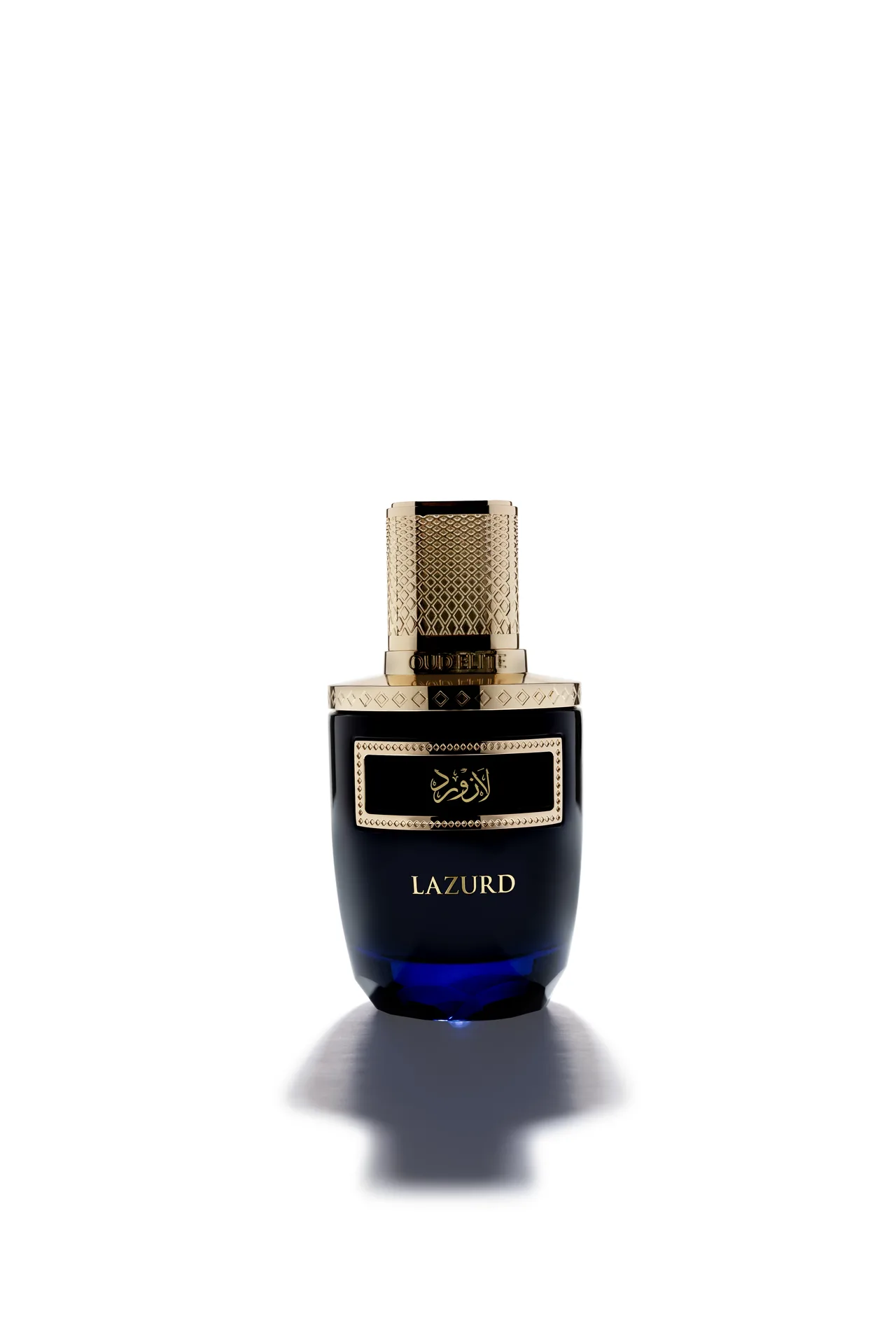 Oud Elite Lazurd perfume in a round dark blue bottle with a textured gold collar, photographed front-on against white.