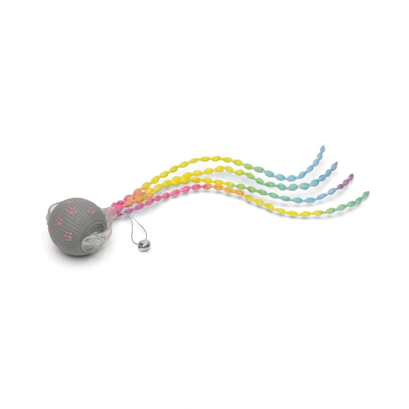 Smart cat toy ball with the rainbow ribbon tail and bell attachment. Amazon product photography on a pure white background by MRPS in Dubai.