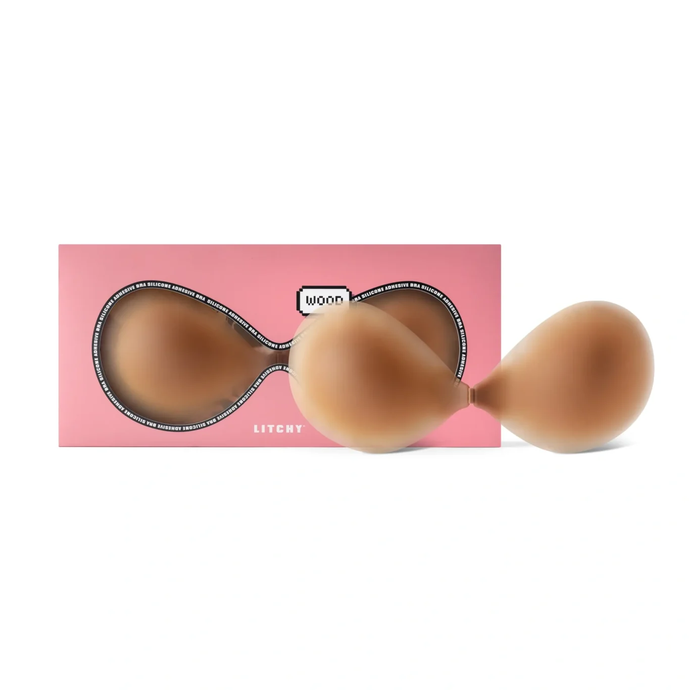 LITCHY adhesive silicone bra in shade Wood with its pink box. Premium e-commerce product photography for LITCHY by MRPS in Dubai.