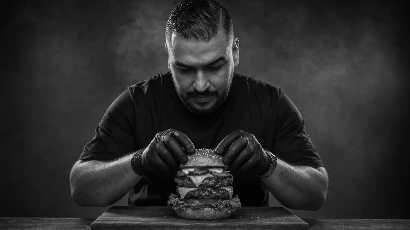 AI-generated test version of the chef with a burger on a board, fully black and white.