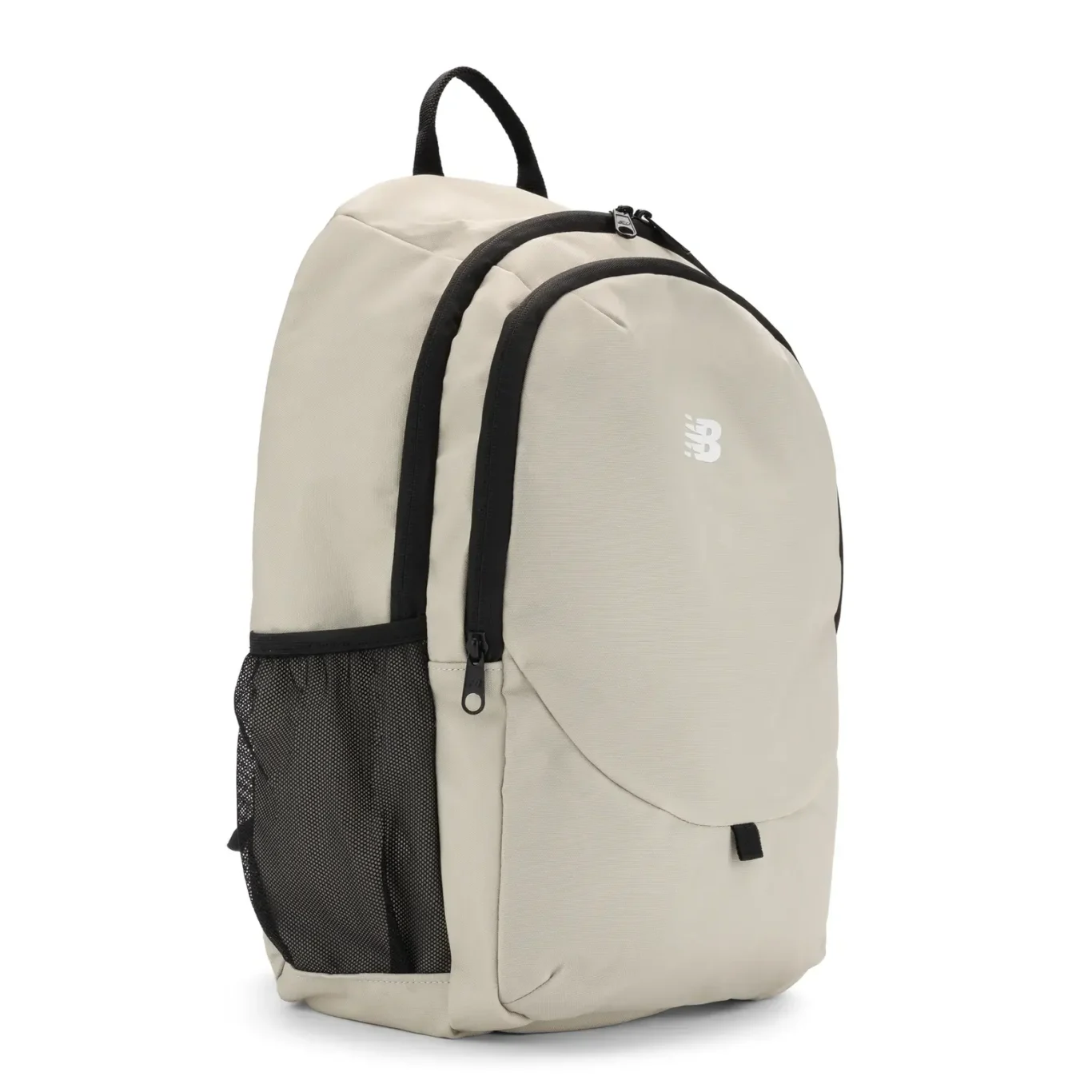 Beige New Balance backpack at an angle showing the mesh side pocket. E-commerce product photography for New Balance by MRPS in Dubai.