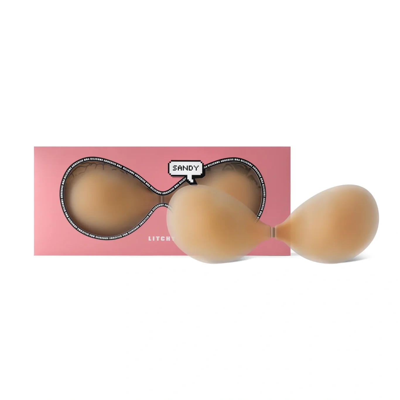 LITCHY adhesive silicone bra in shade Sandy with its pink box. Premium e-commerce product photography for LITCHY by MRPS in Dubai.