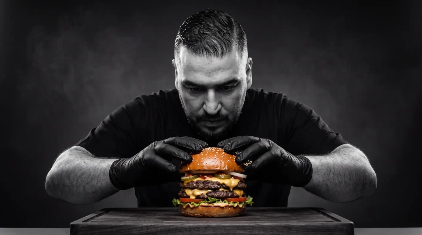 AI-generated version of the chef pressing a burger, black and white with the burger kept in colour.
