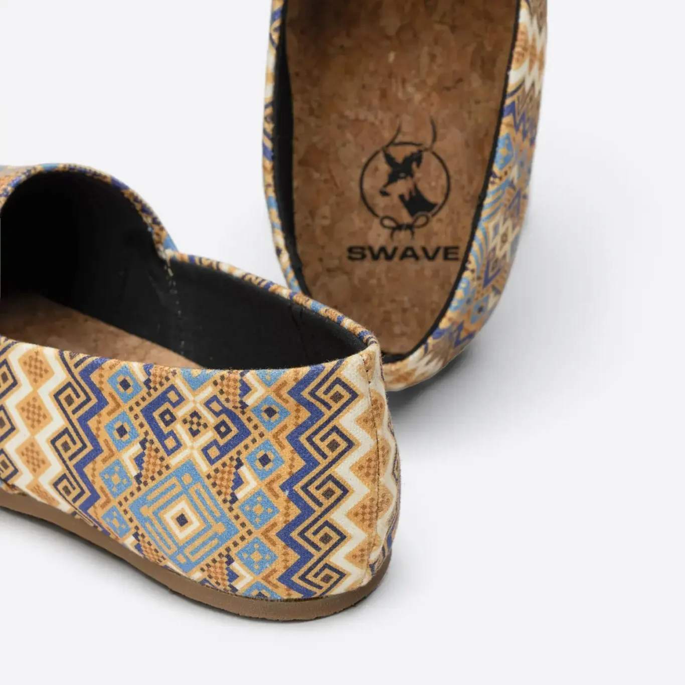 Cork insole with the SWAVE logo on a sand pattern shoe. E-commerce shoe photography for SWAVE by MRPS in Dubai.