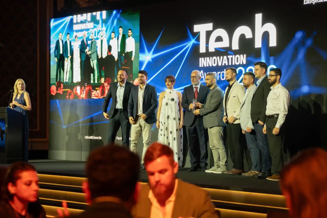Award winners lined up on stage during the ceremony. Event photography by MRPS for FundedNext at the Tech Innovation Awards 2026, Al Habtoor Palace, Dubai.
