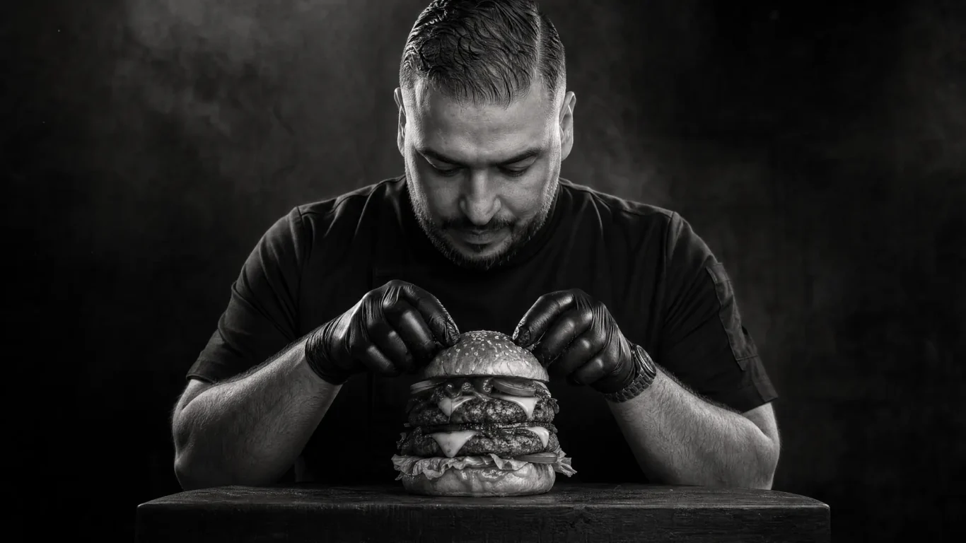 Darker monochrome AI-generated version of the chef with a burger on a wooden board.
