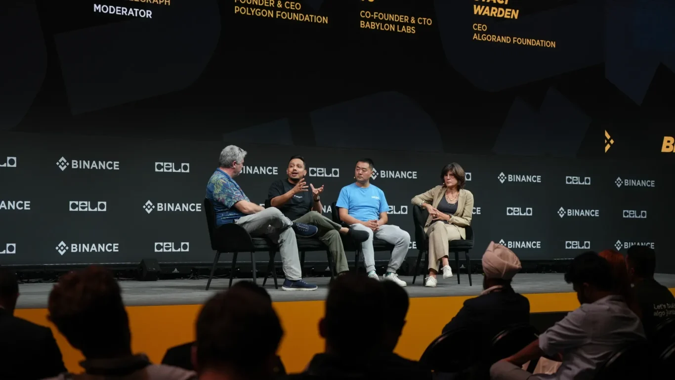 Panel discussion on the Binance main stage with a Babylon Labs co-founder. Photographed by MRPS for Eventflare at Binance Blockchain Week 2025, Coca-Cola Arena, Dubai.